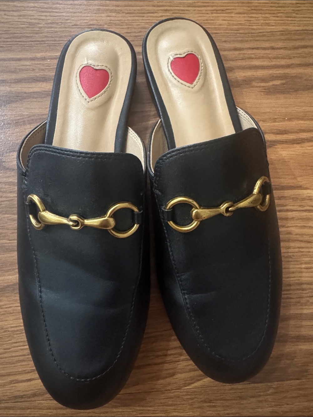 Black Slip-On Mule Loafers with Gold Horsebit Detail
